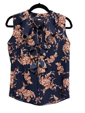 Tommy Hilfiger Floral Ruffle Blouse – Sleeveless Navy Tie-Neck Top